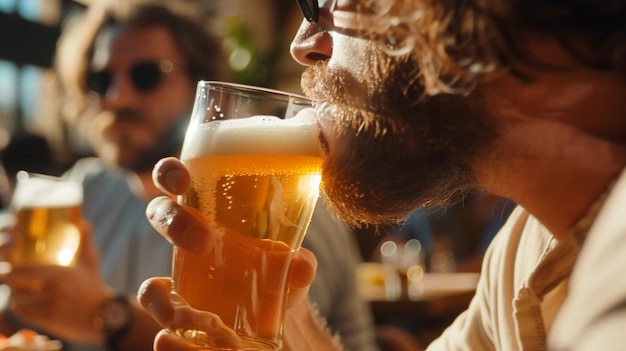 Photo friends drinking beer in a pub