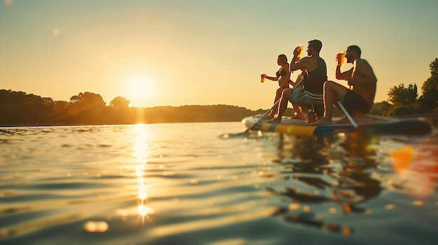 Friends drinking beer on a summer vacation on the lake paddleboard Generative AI