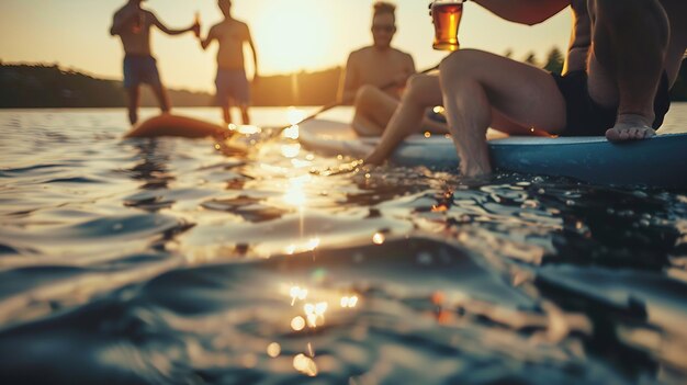 Friends drinking beer on a summer vacation on the lake paddleboard Generative AI