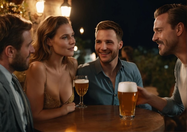 Friends drinking beers on a terrace on a summer night enjoying conversation and camaraderie under