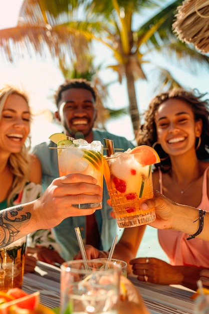 friends drinking cocktails on the beach Selective focus