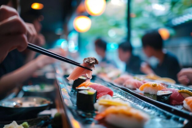 Photo friends eating at a japanese restaurant luxury japanese style cuisine with assorted sushi seafood