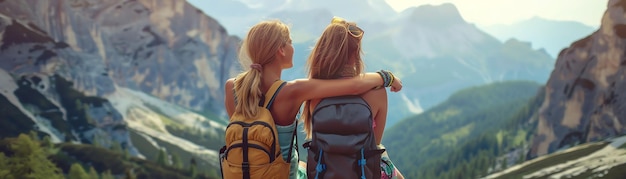 friends embrace while enjoying a breathtaking mountain view capturing moments of friendship