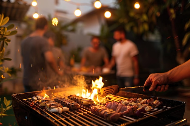 Friends enjoy evening BBQ party with festive lights