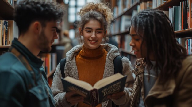 Photo friends enjoy a moment in a bookshop as one shares a book with the group