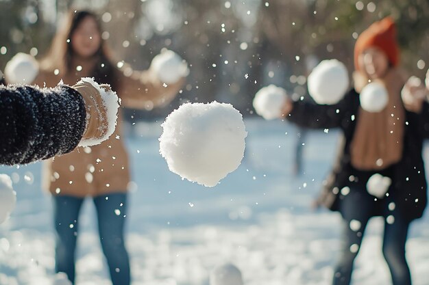 Photo friends enjoy a snowball fight on a sunny winter day