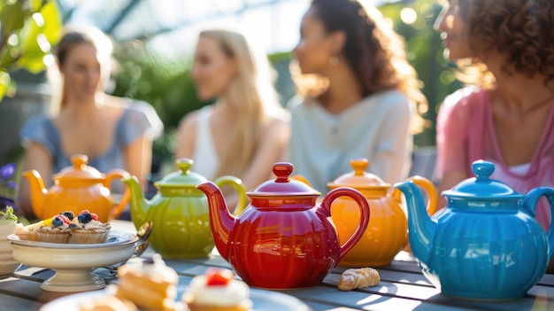 Photo friends enjoying afternoon tea on a patio