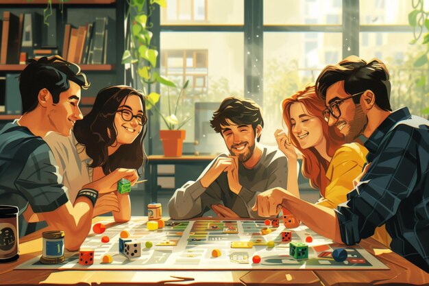 Photo friends enjoying a board game on a cozy afternoon with bookshelves in the background