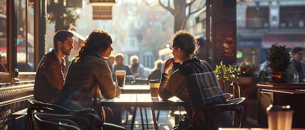 Photo friends enjoying coffee at a bustling street caf