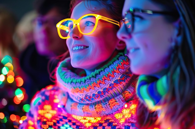 Photo friends enjoying colorful night festival with neon lights and glow glasses