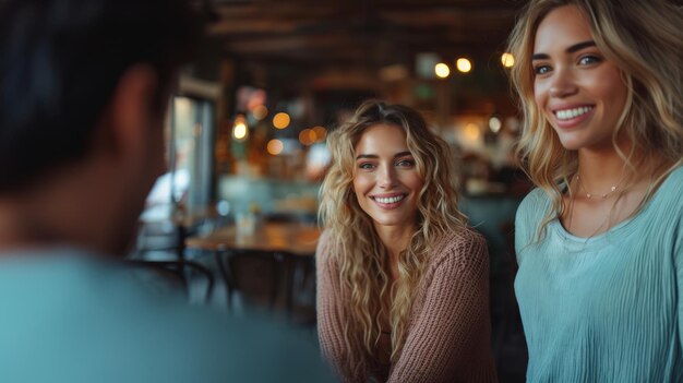 Photo friends enjoying conversation in a cozy cafe