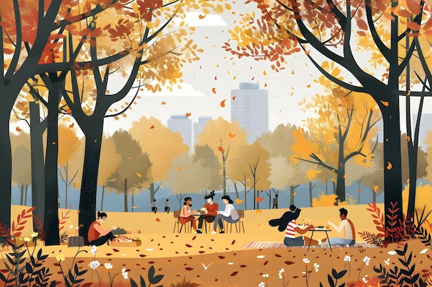 Friends Enjoying a Cozy Autumn Picnic in a Lively Park