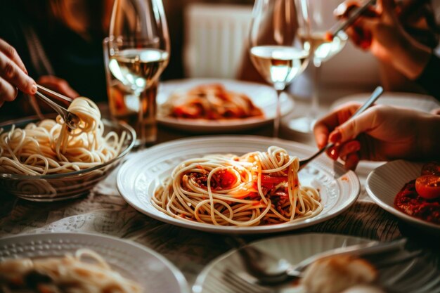 Photo friends enjoying cozy pasta dinner with white wine a generative ai moment