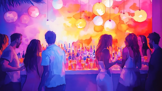 Friends Enjoying Drinks and Conversation at a Bar with a Watercolor Background