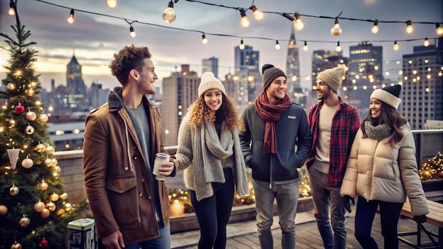 Friends Enjoying Festive Rooftop Drinks in Winter