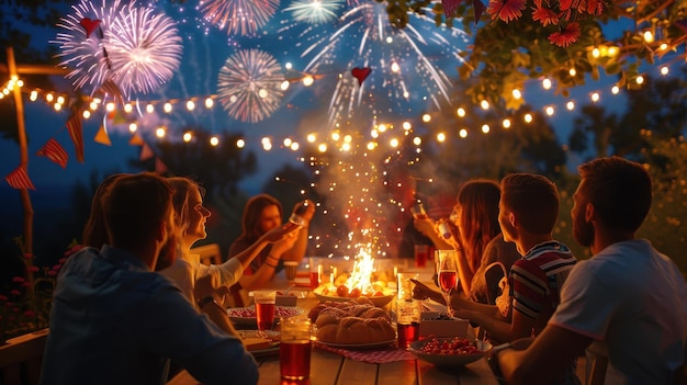 Friends enjoying fireworks while dining outdoors