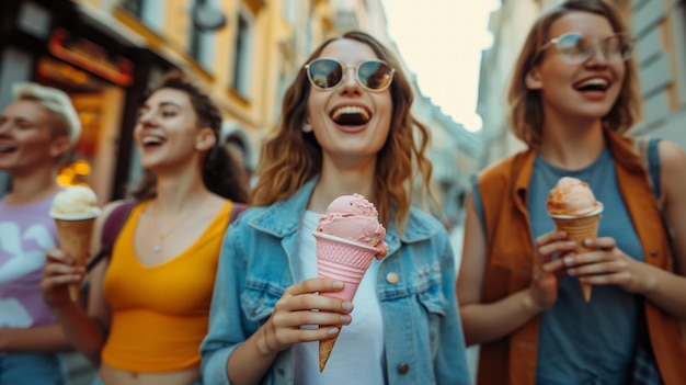 Friends enjoying ice cream while walking along the city street