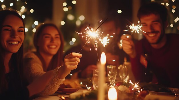 Photo friends enjoying a joyful celebration with sparklers at a festive dinner during the holiday season