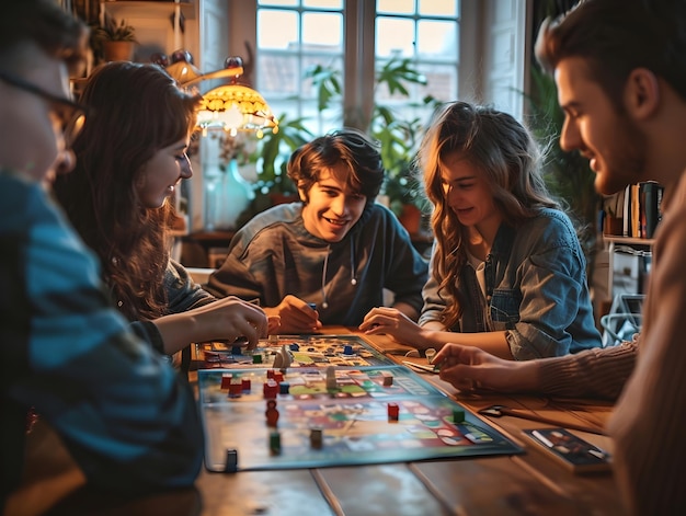 Photo friends enjoying a lively board game night in a cozy indoor setting