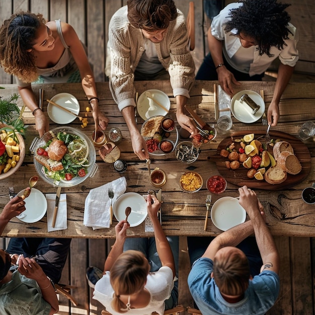 Photo friends enjoying a meal at a rustic wooden table