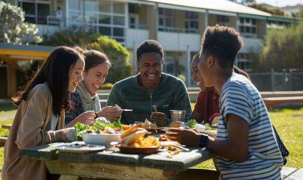 Friends Enjoying a Meal Together in a Sunny Outdoor Setting