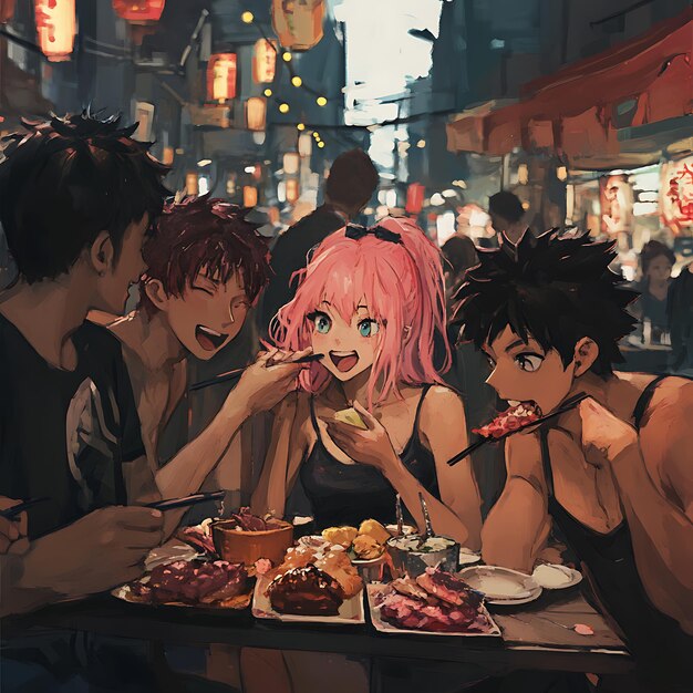 Photo friends enjoying a meal together in a vibrant night market