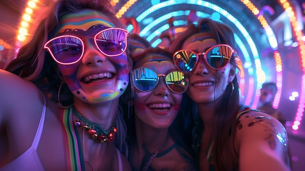 Friends Enjoying Neon Party with Face Paint Generative AI