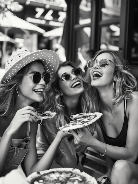 Photo friends enjoying pizza together