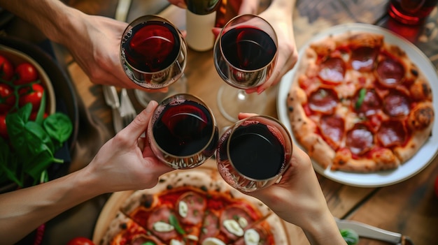 Friends Enjoying Pizza and Wine at a Gathering