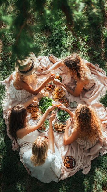 Photo friends enjoying a summer picnic on a sunny day in a green park setting with delicious food