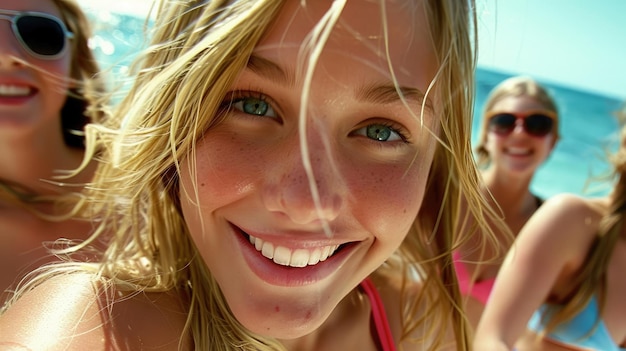 Photo friends enjoying a sunny day at the beach smiling brightly