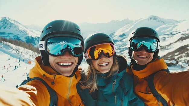 Photo friends enjoying a sunny ski day on the slopes smiling for a selfie in the mountains during winter