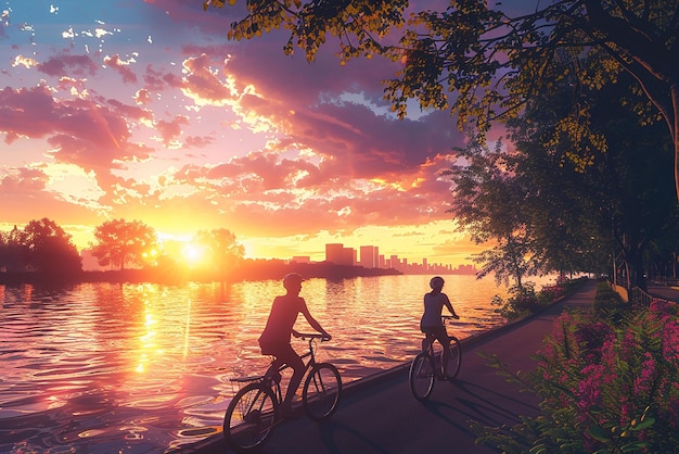 Friends Enjoying a Sunset Bike Ride Along a River