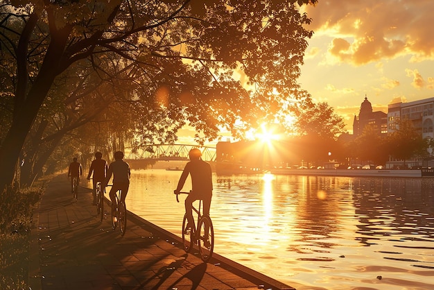 Friends Enjoying a Sunset Bike Ride Along a River