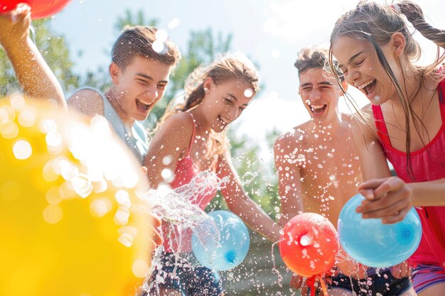 Friends Enjoying a Water Balloon Battle in the Backyard on a White Canvas