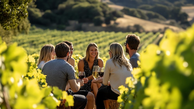 Photo friends enjoying wine in a vineyard