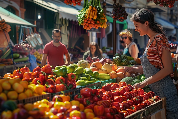 Friends Exploring a Lively Farmers Market