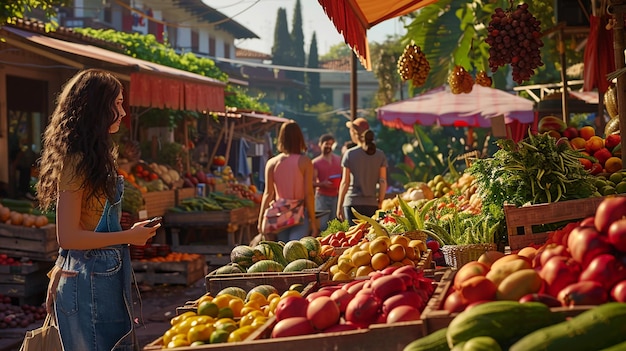 Friends Exploring a Lively Farmers Market