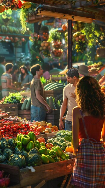 Photo friends exploring a lively farmers market