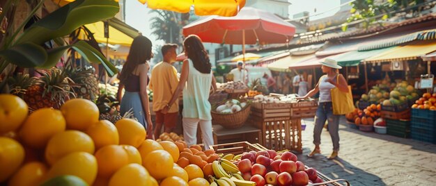 Friends Exploring a Lively Farmers Market