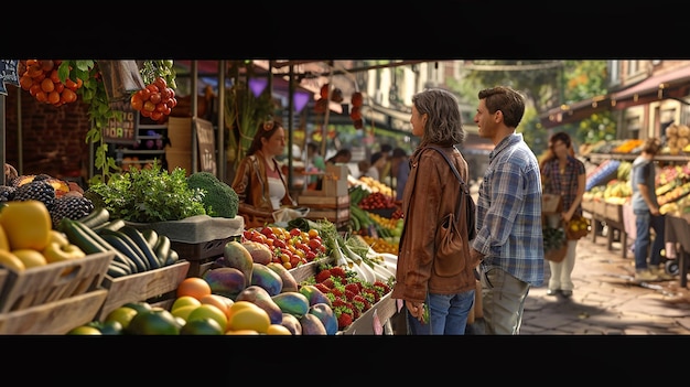 Friends Exploring a Lively Farmers Market