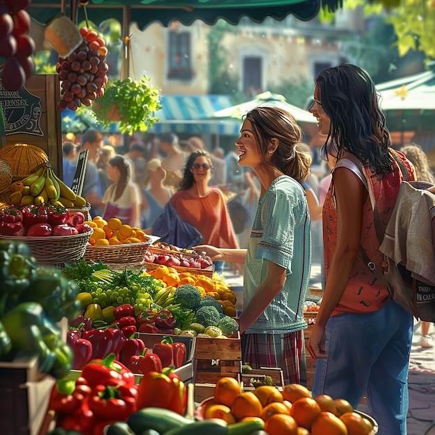 Friends Exploring a Lively Farmers Market