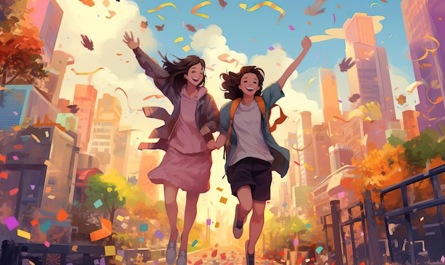 Friends exploring a vibrant cityscape their laughter and excitement filling the air