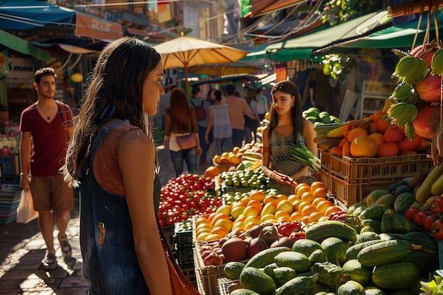 Friends Exploring a Vibrant Street Market