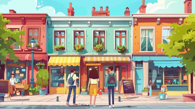 Friends exploring a vibrant urban neighborhood taking photos and visiting local shops Cartoon illustrations vectors