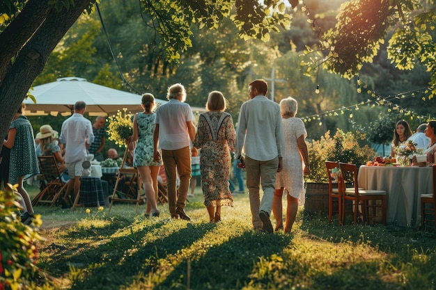 Friends and family arriving at a summer garden party