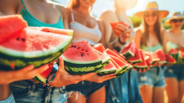 Photo friends and family enjoying national watermelon day with slices of watermelon in the summer heat on august 3