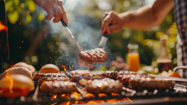 Friends and family gathered around the grill having a barbecue in the backyard on a sunny summer day