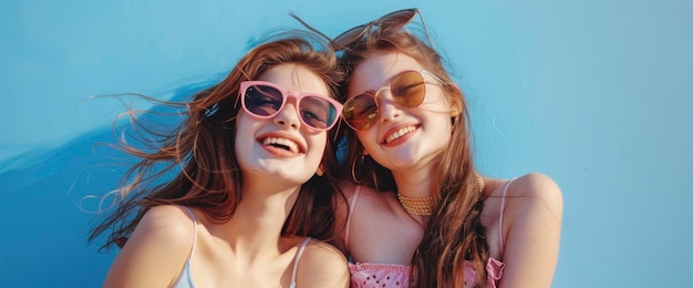 Friends forever two cute girls in sunglasses posing with smiles on a bright blue background