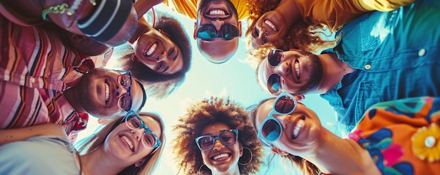 Friends forming a circle with their heads together and smiling for a group photo